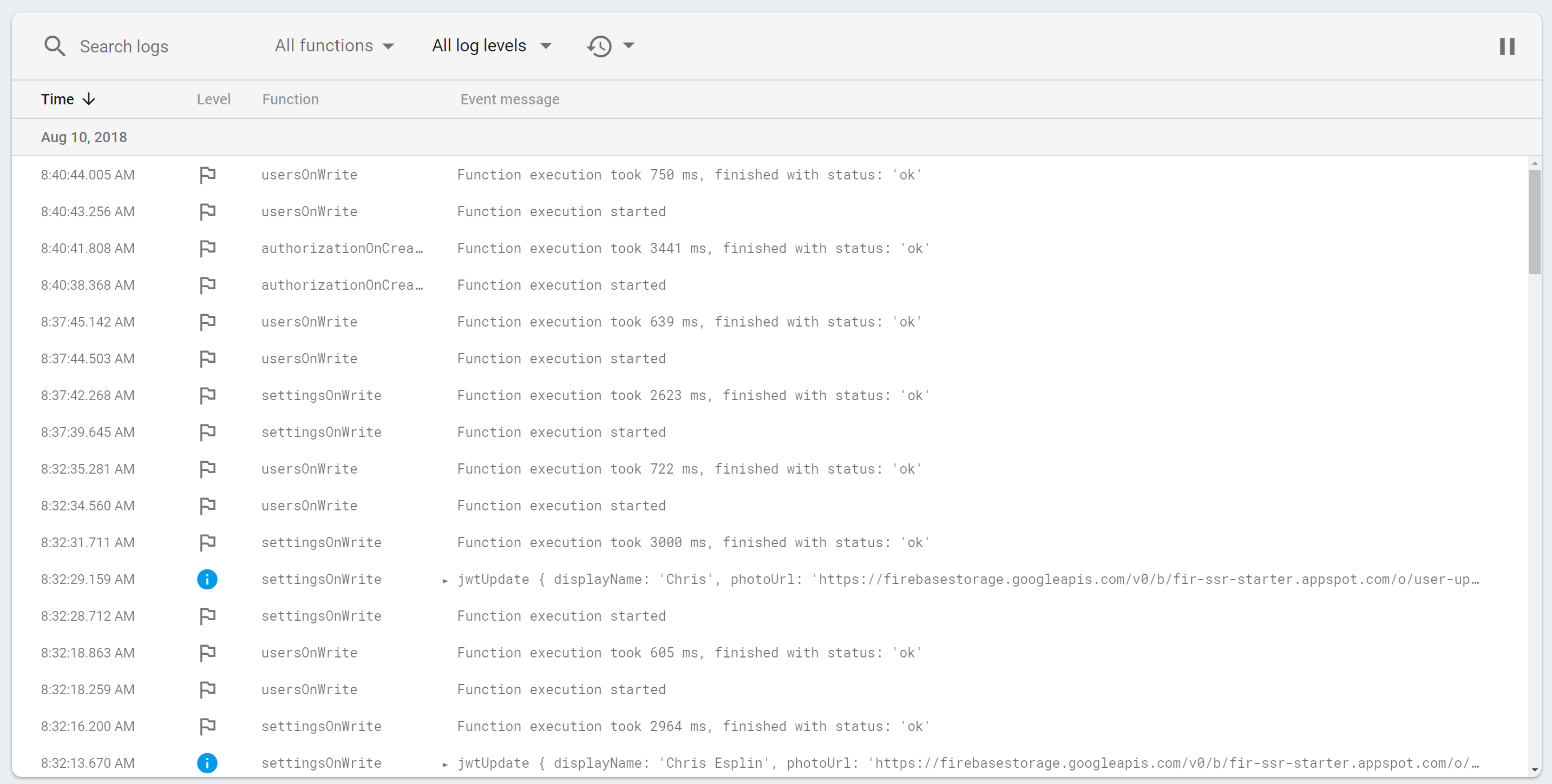 Logs from the Cloud Functions runtime